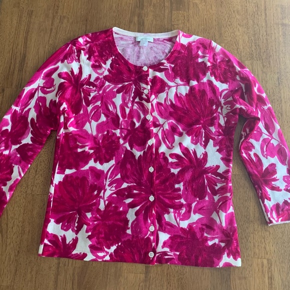 Garnet Hill Signature Merino Cardigan SZ M Fuchsia Magenta Abstract Floral - Picture 8 of 15